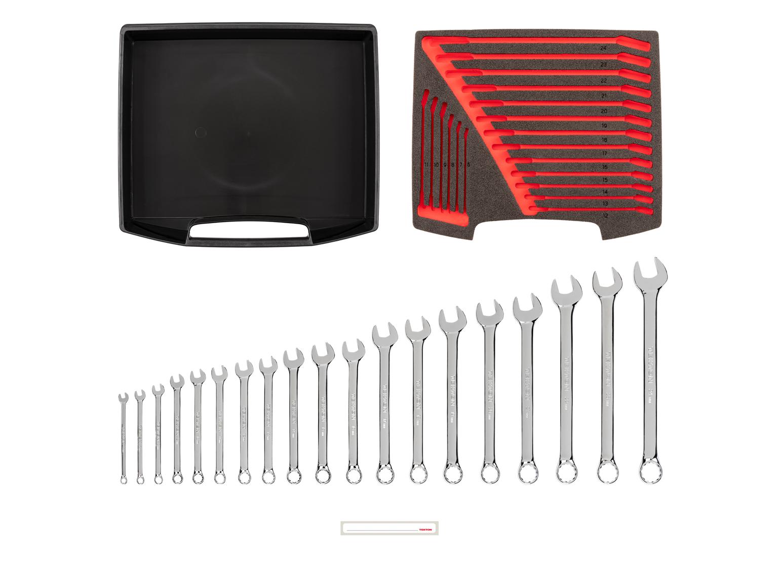 TEKTON OLB94202-T Combination Wrench Set, 19-Piece (6-24 mm) in Open Top Drawer and Rack