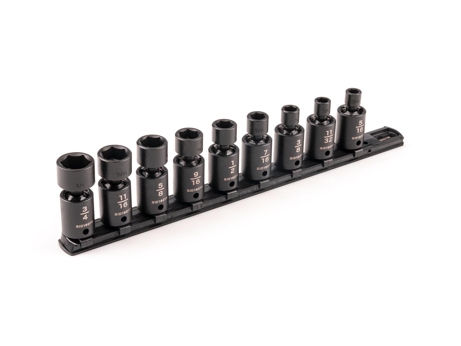 3/8 Inch Drive 6-Point Universal Joint Impact Socket Set with Rail (9-Piece)