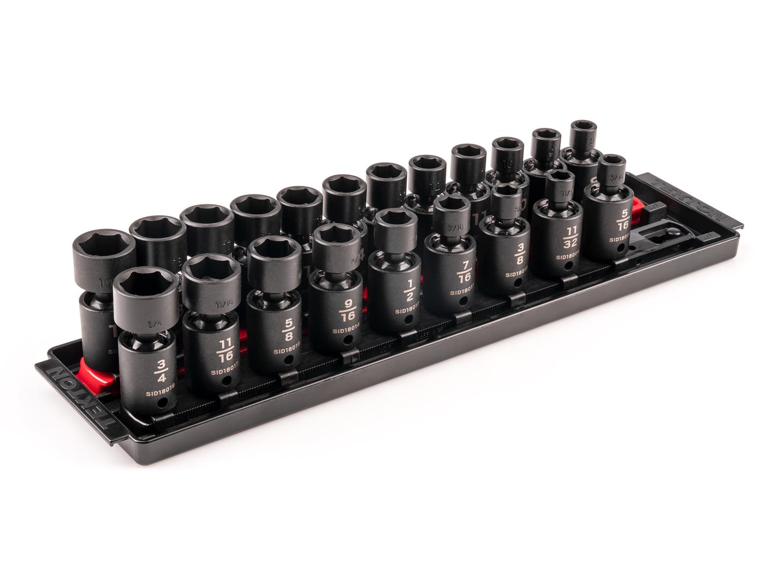 3/8 Inch Drive 6-Point Universal Joint Impact Socket Set with Rails and Tray (21-Piece)