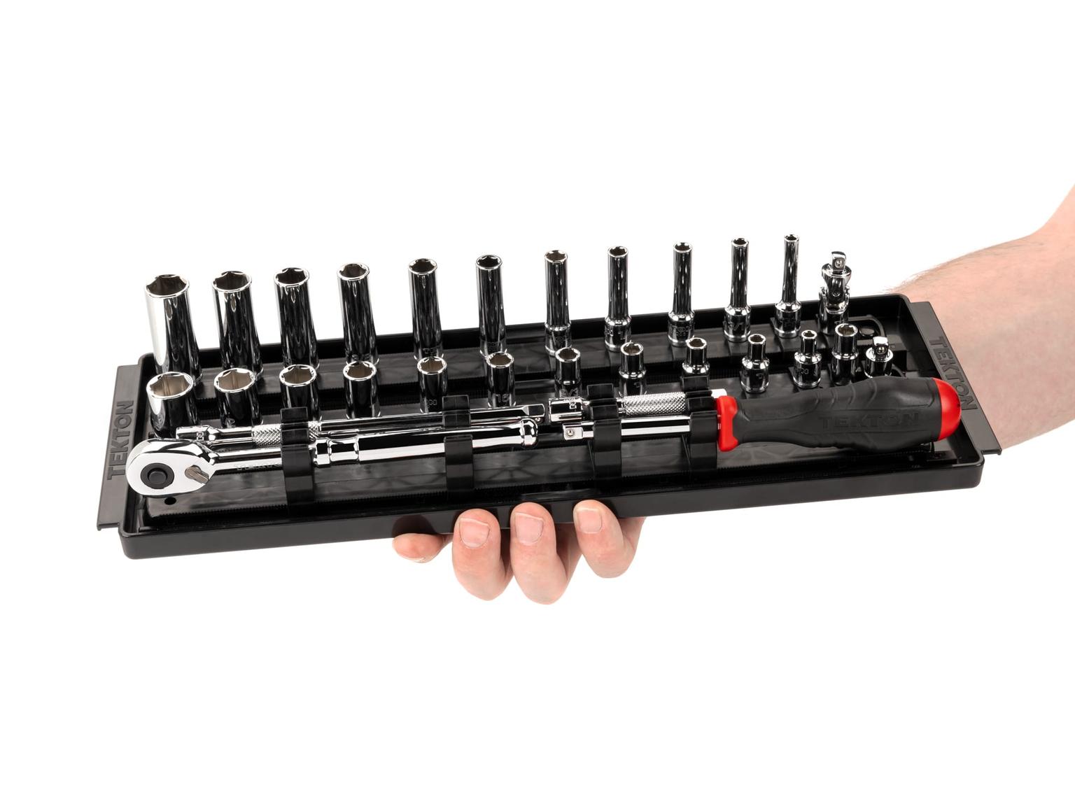 TEKTON SKT03101-T 1/4 Inch Drive 6-Point Socket and Ratchet Set with Rails, 29-Piece (5/32-9/16 in.)