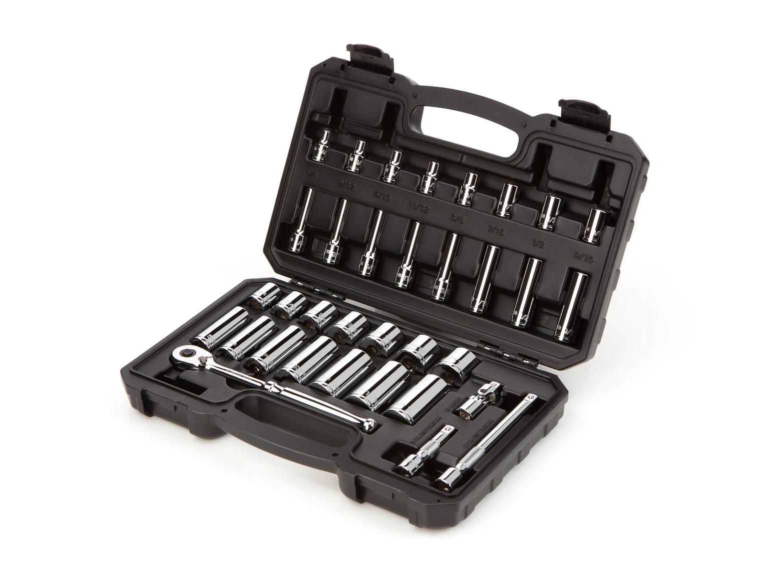 TEKTON SKT15101-D 3/8 Inch Drive 6-Point Socket and Ratchet Set, 34-Piece (1/4-1 in.)