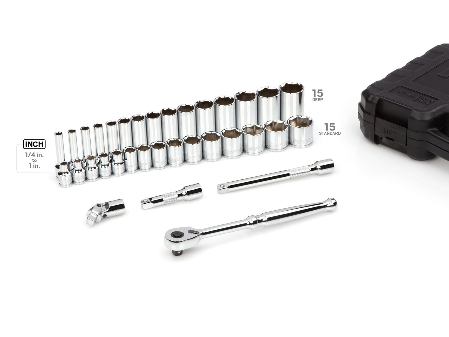 TEKTON SKT15101-D 3/8 Inch Drive 6-Point Socket and Ratchet Set, 34-Piece (1/4-1 in.)