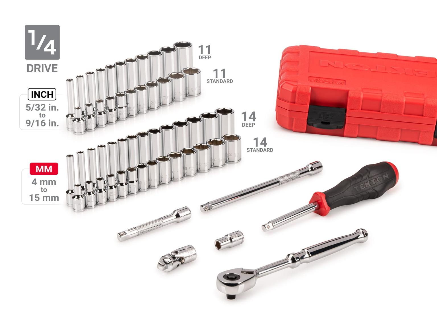 TEKTON SKT95304-T 1/4, 3/8, 1/2 Inch Drive 6-Point Socket and Ratchet Set (212-Piece)